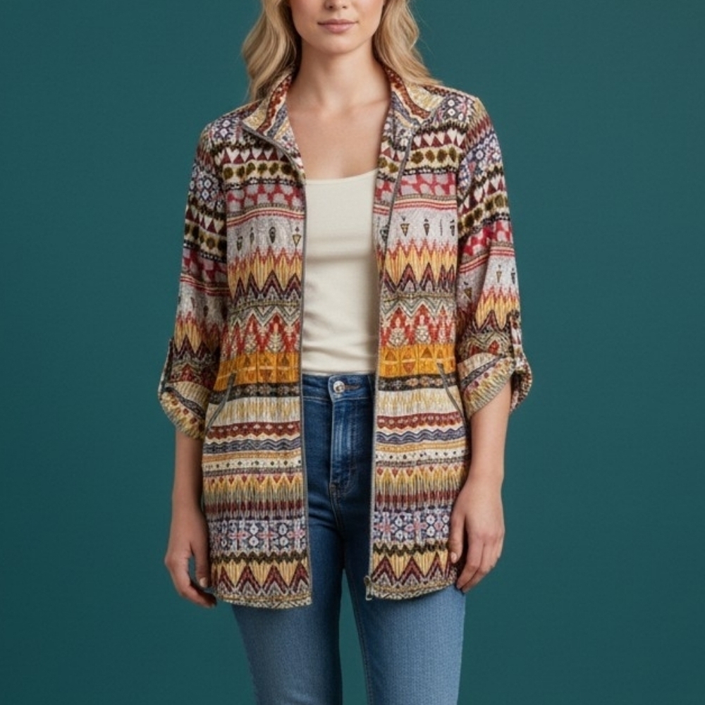 Multiples Colorful Rainbow Aztec Tribal Lightweight Festival Zipper Shacket